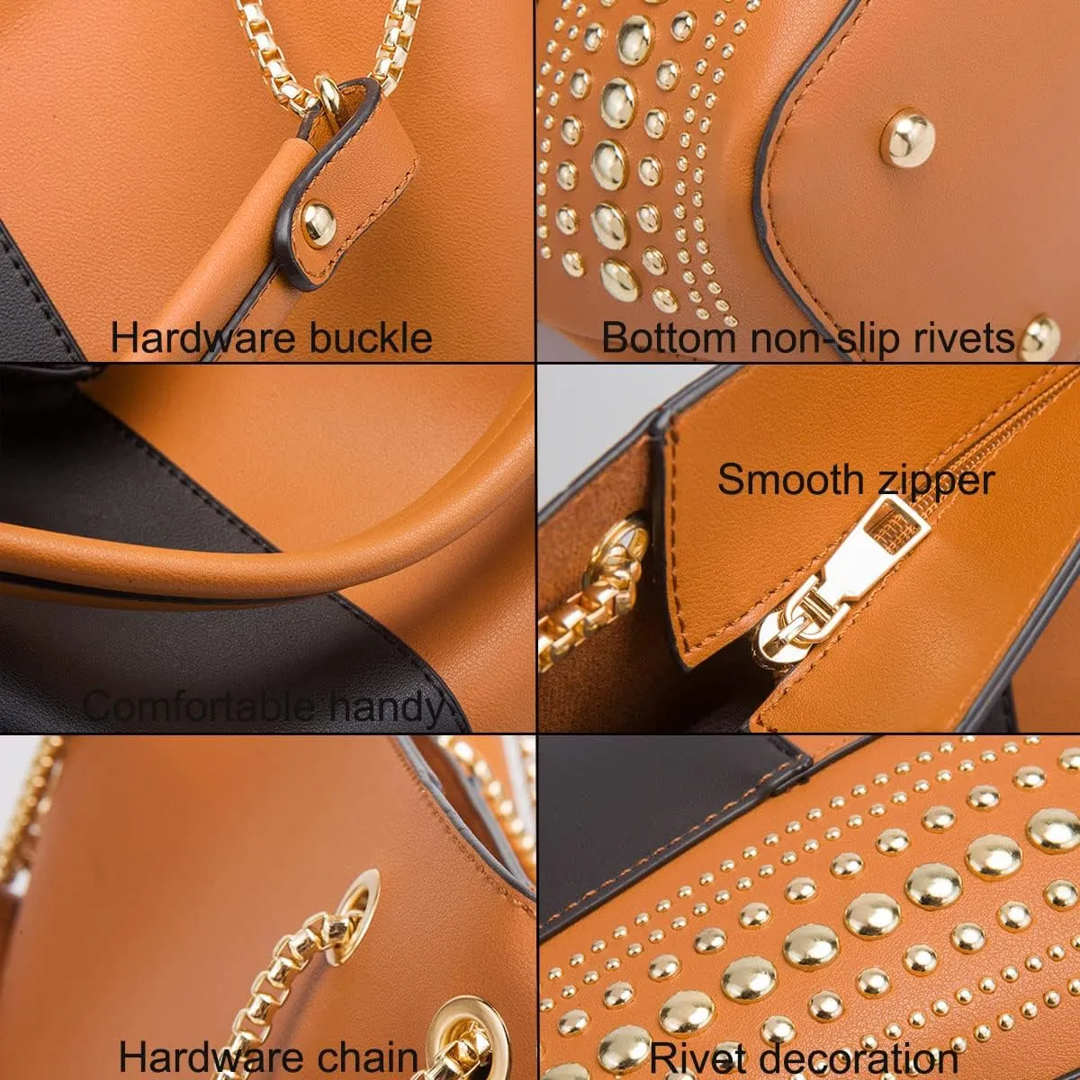 3-Pc Purses and Handbags for Women Fashion Ladies PU Leather Top Handle Rivet Satchel Shoulder Tote Bags