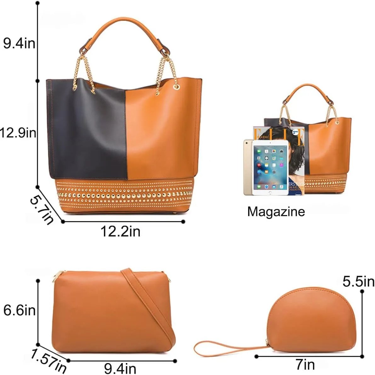3-Pc Purses and Handbags for Women Fashion Ladies PU Leather Top Handle Rivet Satchel Shoulder Tote Bags