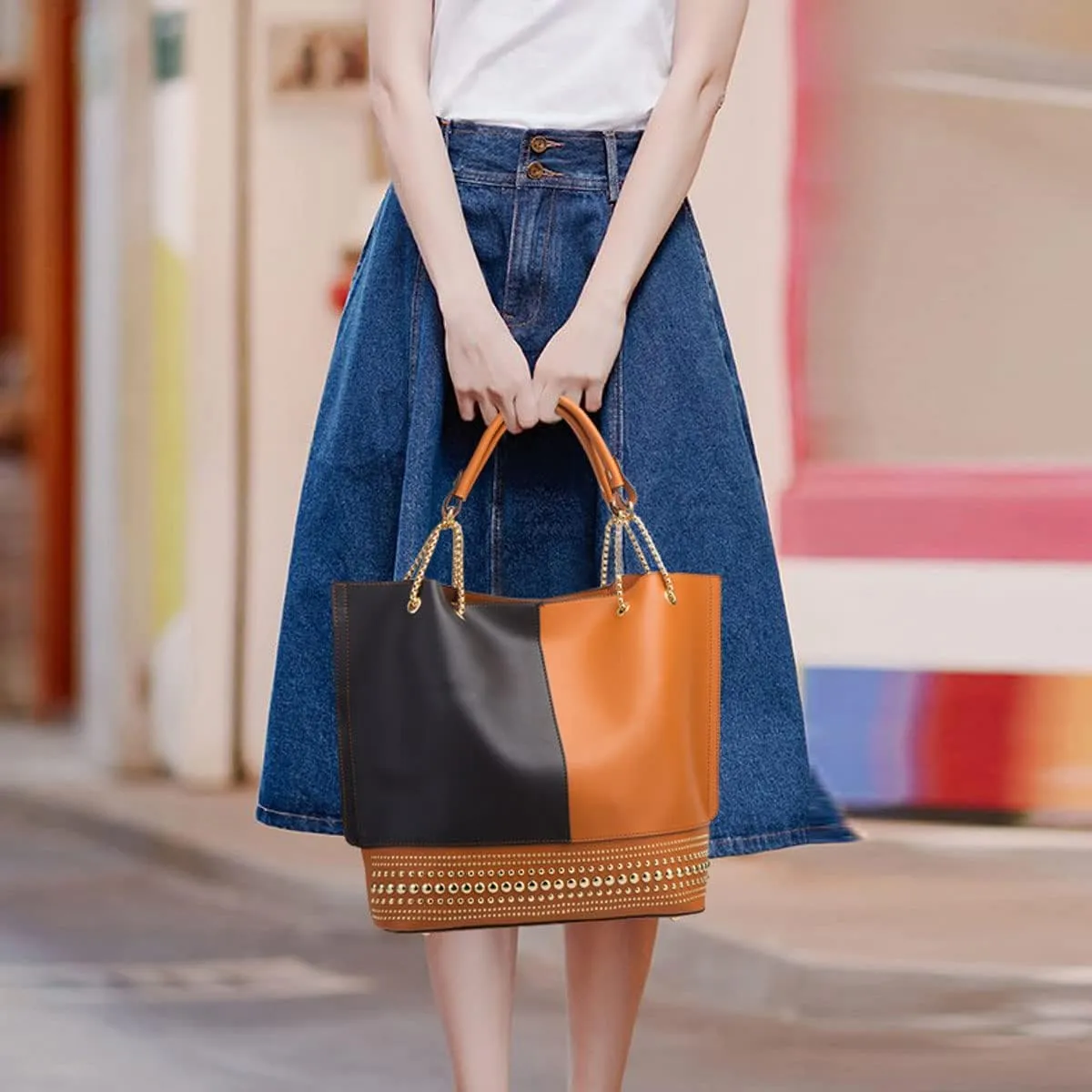 3-Pc Purses and Handbags for Women Fashion Ladies PU Leather Top Handle Rivet Satchel Shoulder Tote Bags