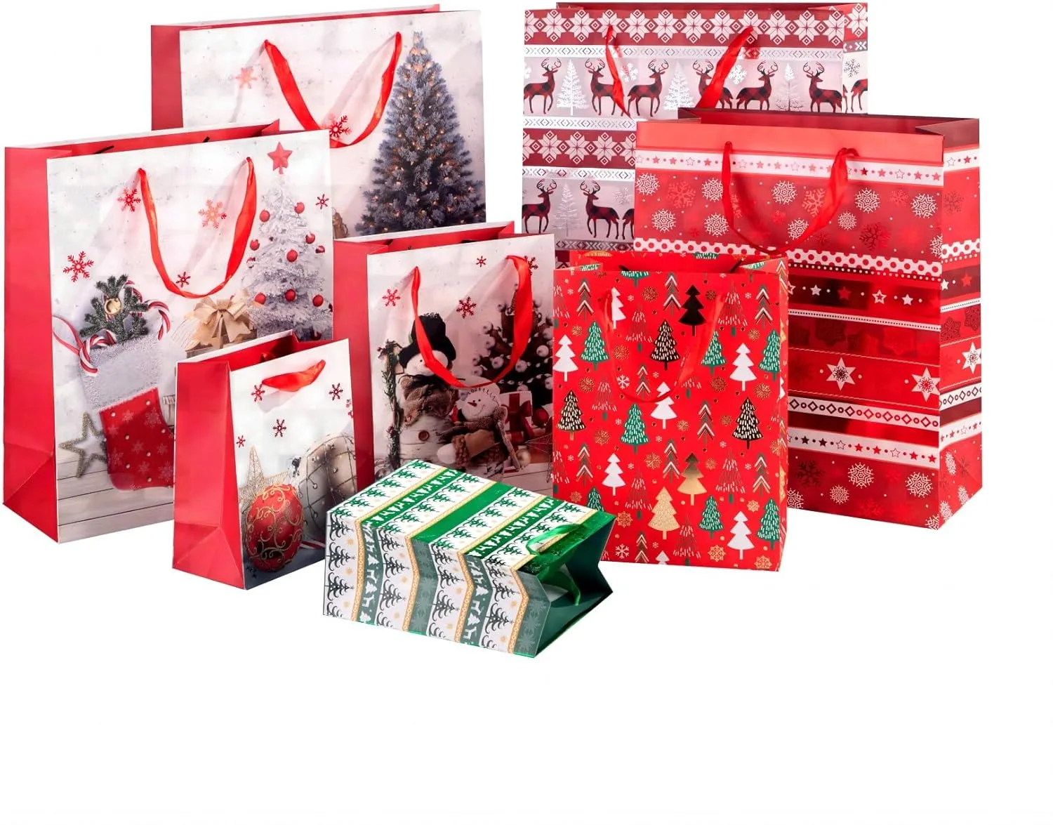 32 PCS Gift Bags for Christmas Wrapping, Holiday Bags with Festive Snowman, Reindeer, Snowflake and Christmas Stocking/Cane/Tree/Gin Design – Hot Stamping Foil Bulk Set,8 X-L,8 Large,8 Medium,8 Small