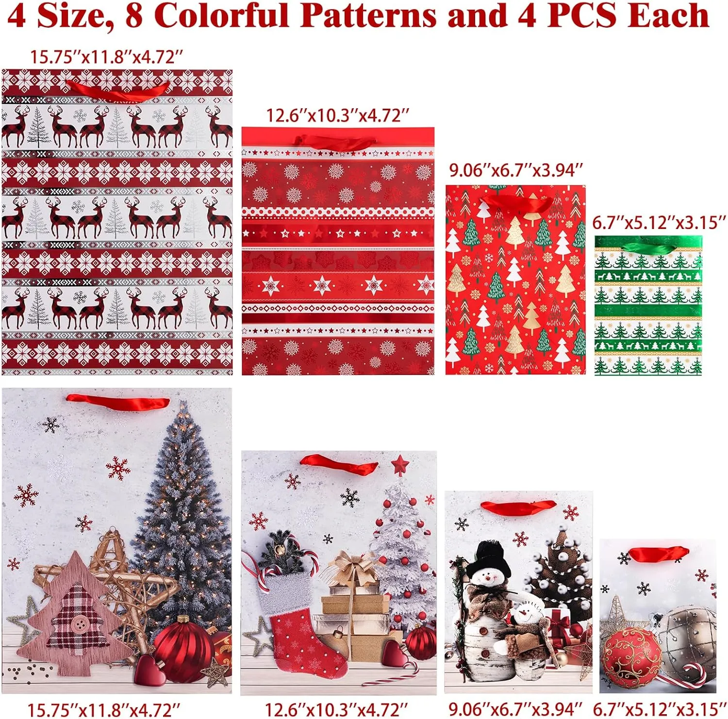 32 PCS Gift Bags for Christmas Wrapping, Holiday Bags with Festive Snowman, Reindeer, Snowflake and Christmas Stocking/Cane/Tree/Gin Design – Hot Stamping Foil Bulk Set,8 X-L,8 Large,8 Medium,8 Small