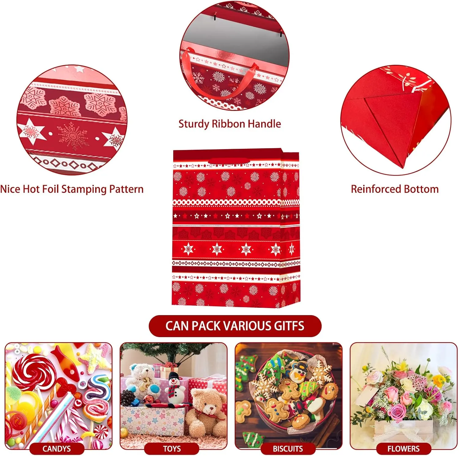32 PCS Gift Bags for Christmas Wrapping, Holiday Bags with Festive Snowman, Reindeer, Snowflake and Christmas Stocking/Cane/Tree/Gin Design – Hot Stamping Foil Bulk Set,8 X-L,8 Large,8 Medium,8 Small