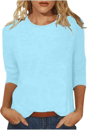 3/4 Length Sleeve Tops for Women Casual Loose Fit Crewneck T Shirts Cute Solid Plus Size Spring Fashion Tops 2025