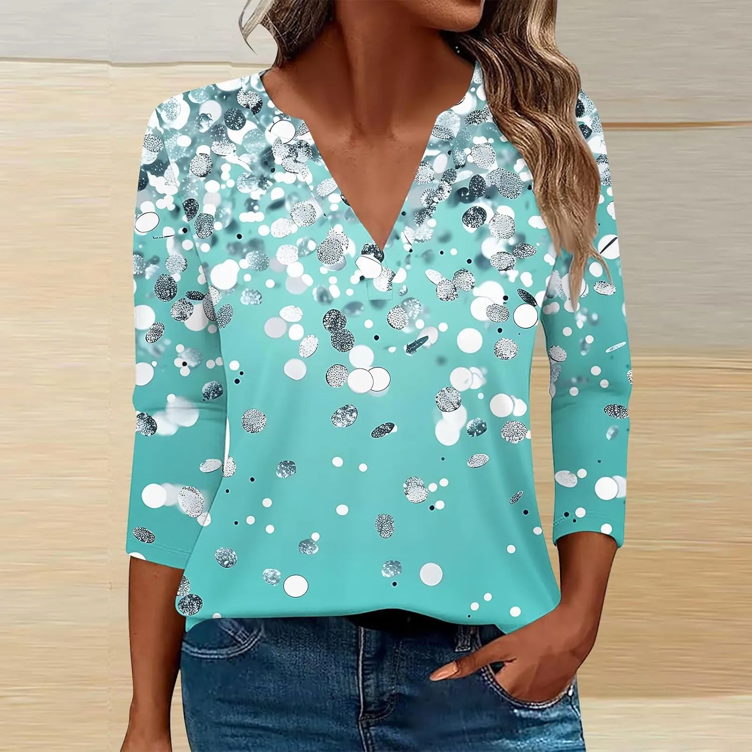 3/4 Length Sleeve Tops for Women Casual Summer V Neck Floral Tops Trendy Summer Loose Fits Vacation Clothes