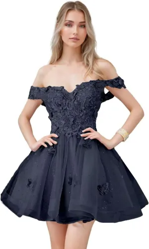 3D Butterfly Short Homecoming Dresses for Teens Off Shoulder DAMA Dresses for Quinceanera Sequin Glitter Prom Dress