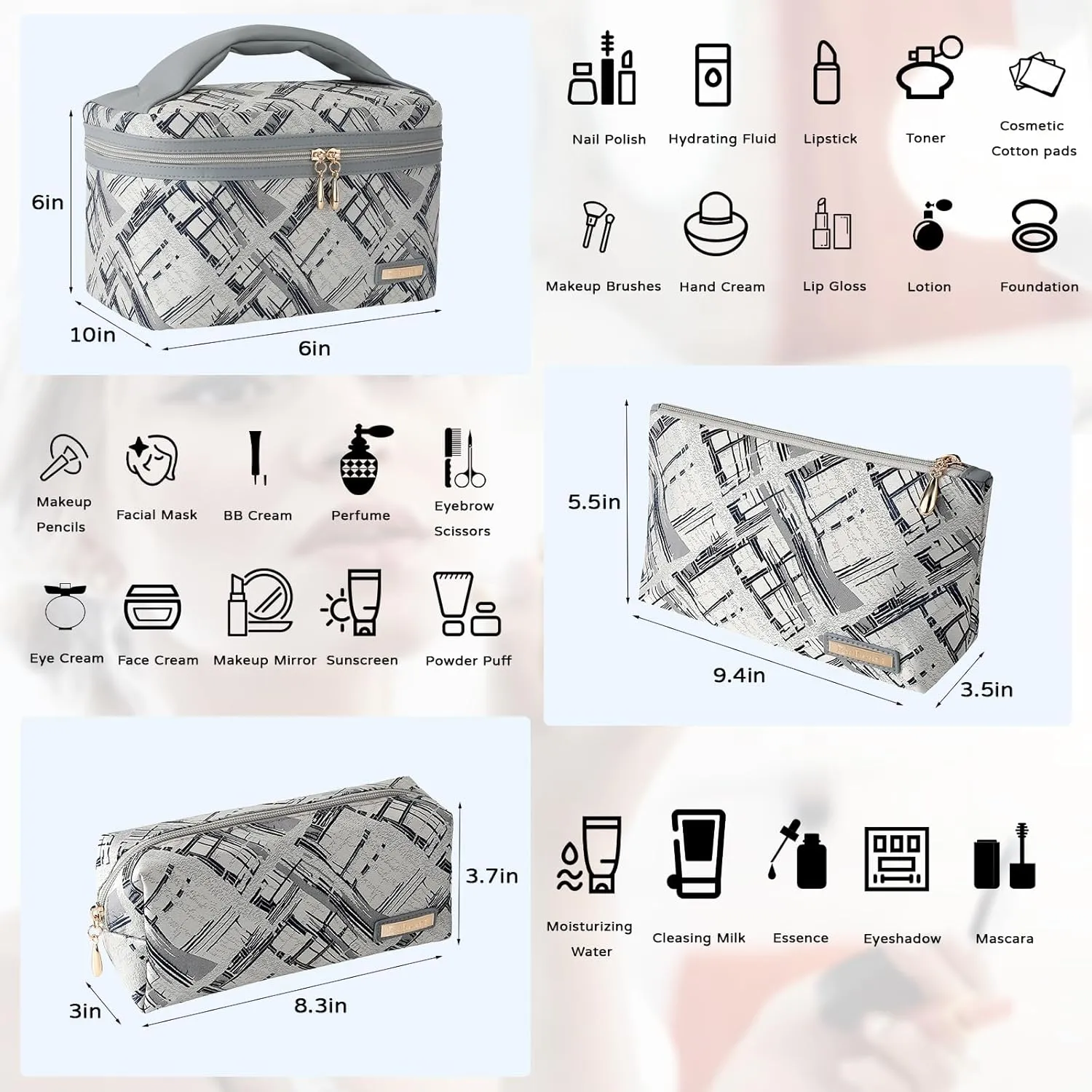 3PC Makeup Bag Set, Cationic Jacquard Large Cosmetic Organizer, Back-Coated Solvent-Free Travel Toiletry Bag for Women - Gray