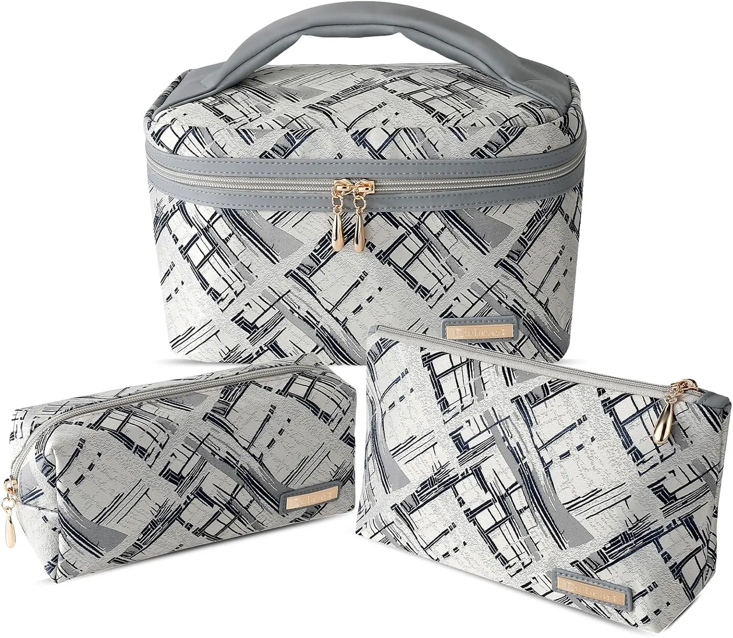 3PC Makeup Bag Set, Cationic Jacquard Large Cosmetic Organizer, Back-Coated Solvent-Free Travel Toiletry Bag for Women - Gray