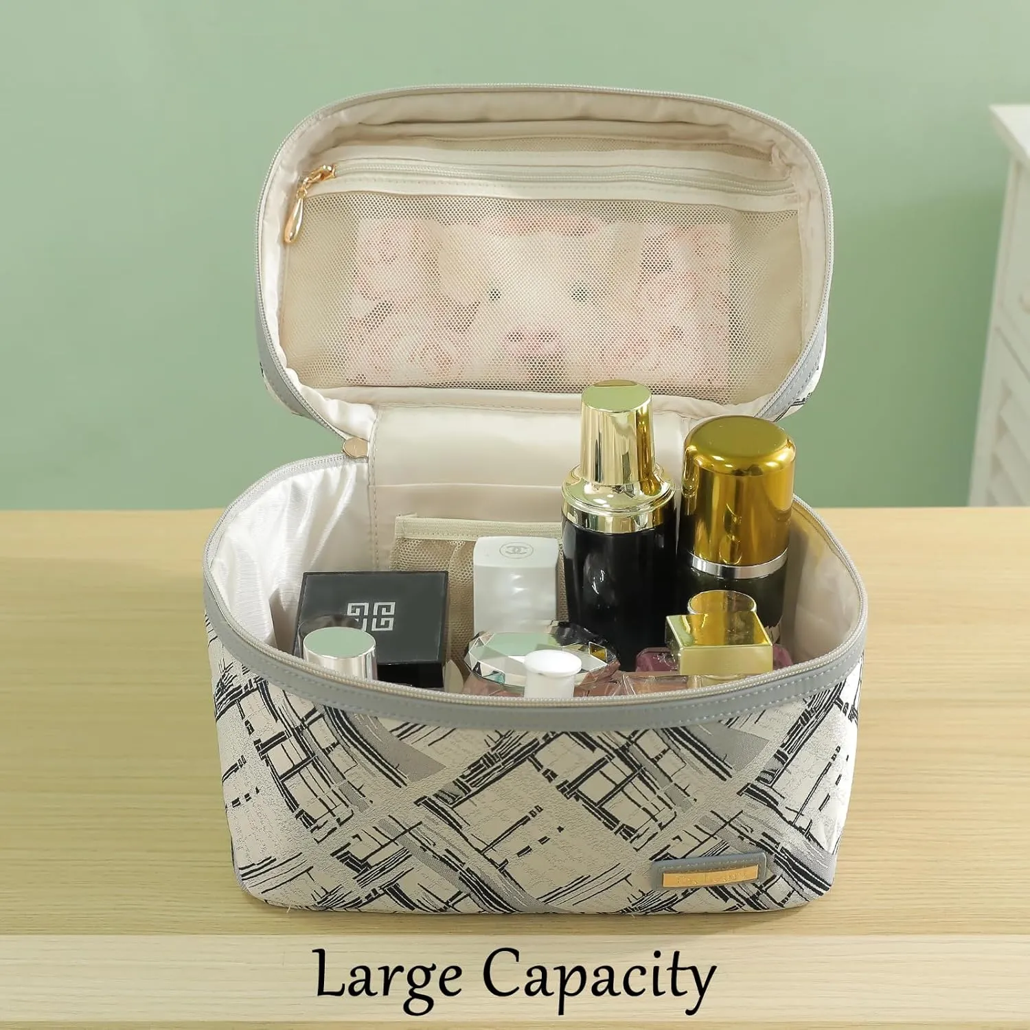 3PC Makeup Bag Set, Cationic Jacquard Large Cosmetic Organizer, Back-Coated Solvent-Free Travel Toiletry Bag for Women - Gray