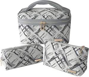 3PC Makeup Bag Set, Cationic Jacquard Large Cosmetic Organizer, Back-Coated Solvent-Free Travel Toiletry Bag for Women - Gray