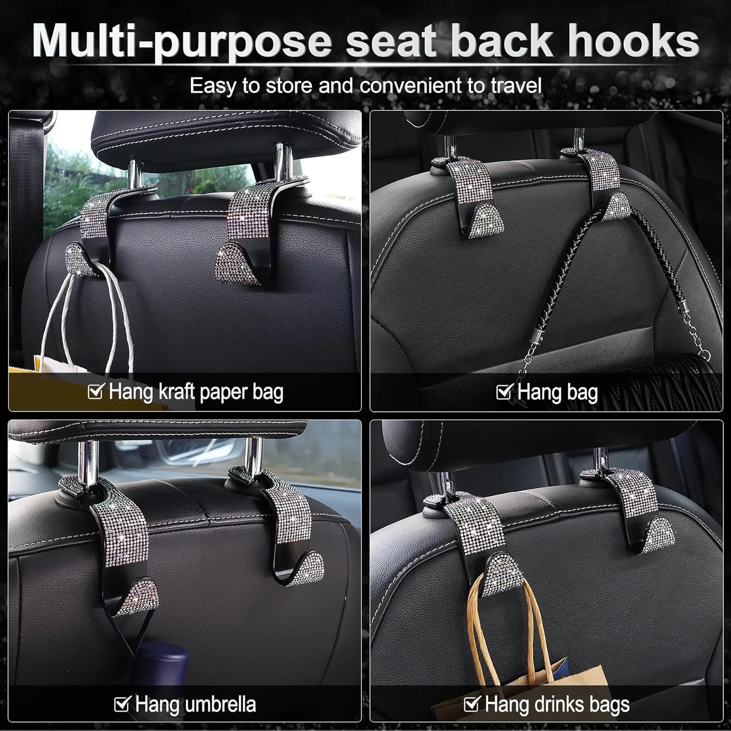 4 Pack Car Back Seat Headrest Hooks for 2022 2023 2024 2025 Toyota Tundra/Sequoia, Bling Rhinestones Crystal Hooks for Purse Coats Umbrellas Grocery Bags Handbag Car Decorations,C
