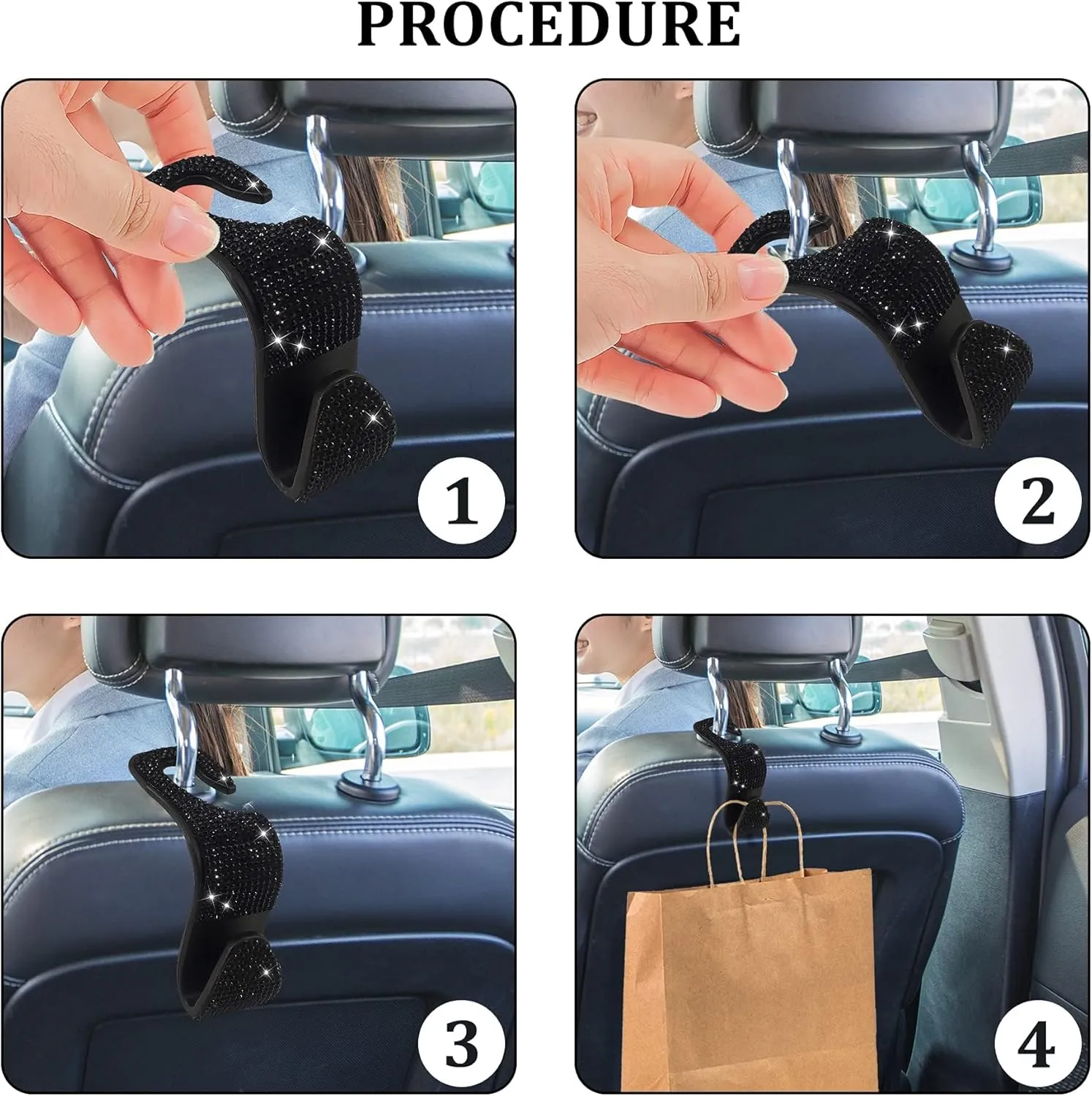 4 Pack Car Back Seat Headrest Hooks for 2022 2023 2024 2025 Toyota Tundra/Sequoia, Bling Rhinestones Crystal Hooks for Purse Coats Umbrellas Grocery Bags Handbag Car Decorations,C