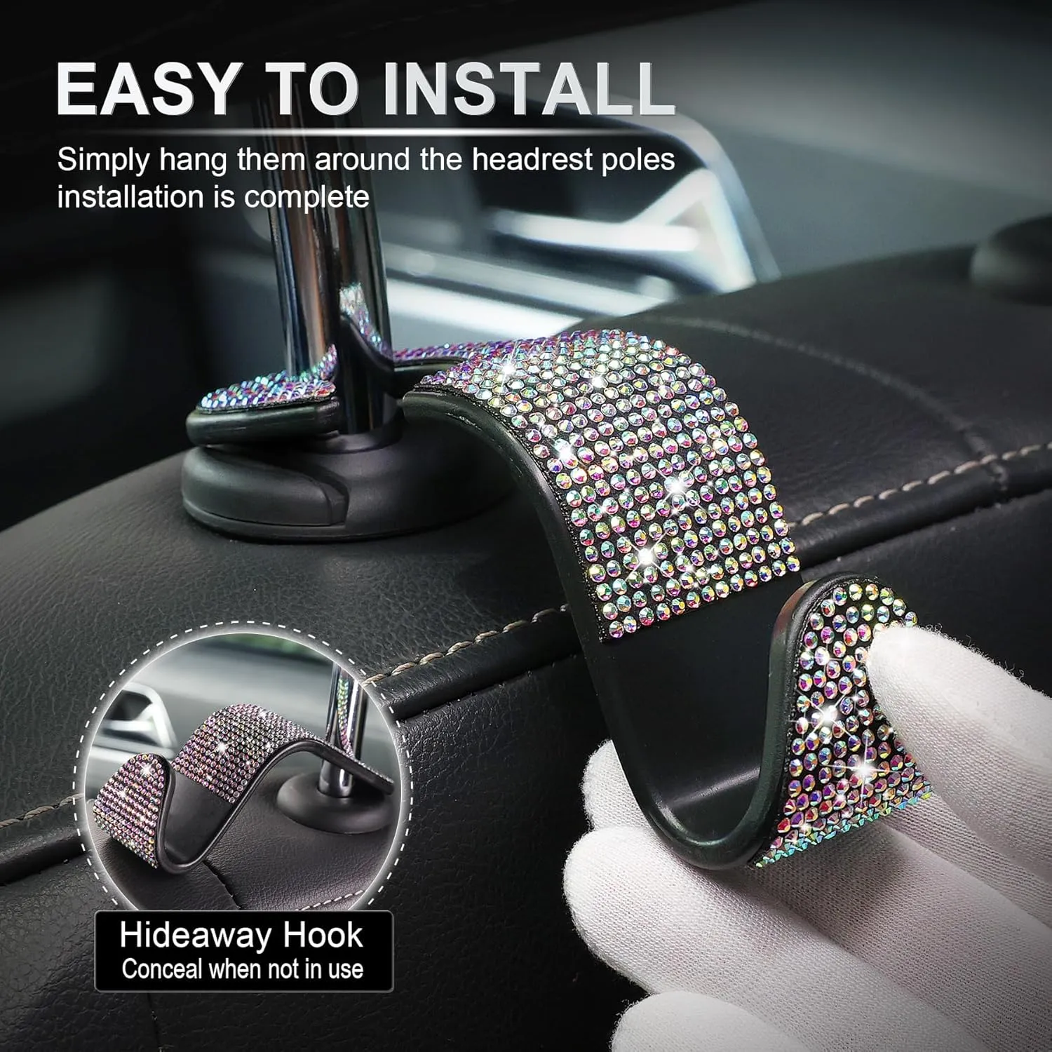 4 Pack Car Back Seat Headrest Hooks for 2022 2023 2024 2025 Toyota Tundra/Sequoia, Bling Rhinestones Crystal Hooks for Purse Coats Umbrellas Grocery Bags Handbag Car Decorations,C