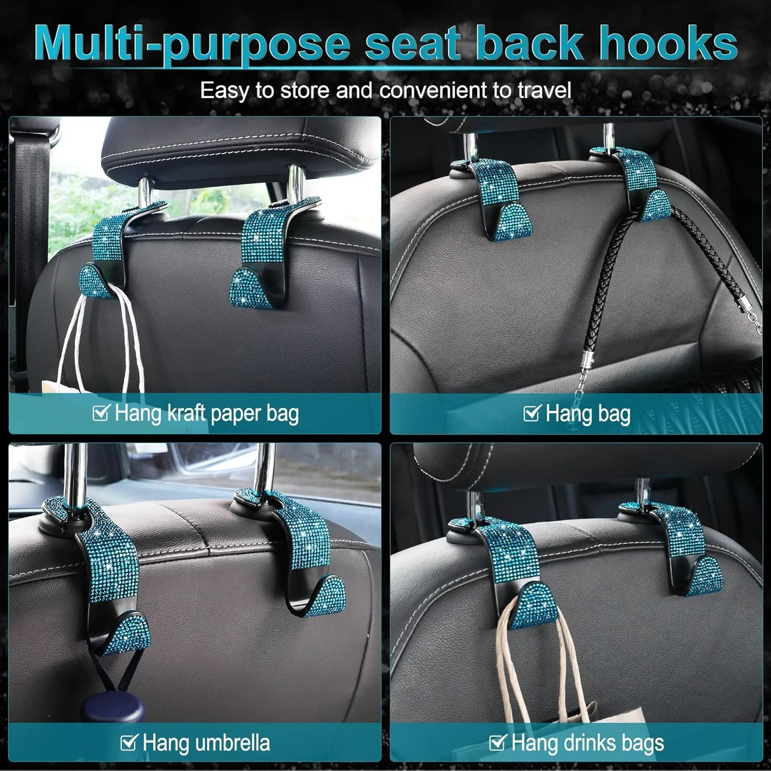 4 Pack Car Back Seat Headrest Hooks for Toyota Tundra 2014-2021, Bling Rhinestones Crystal Hooks for Purse Coats Umbrellas Grocery Bags Handbag Car Decorations,B