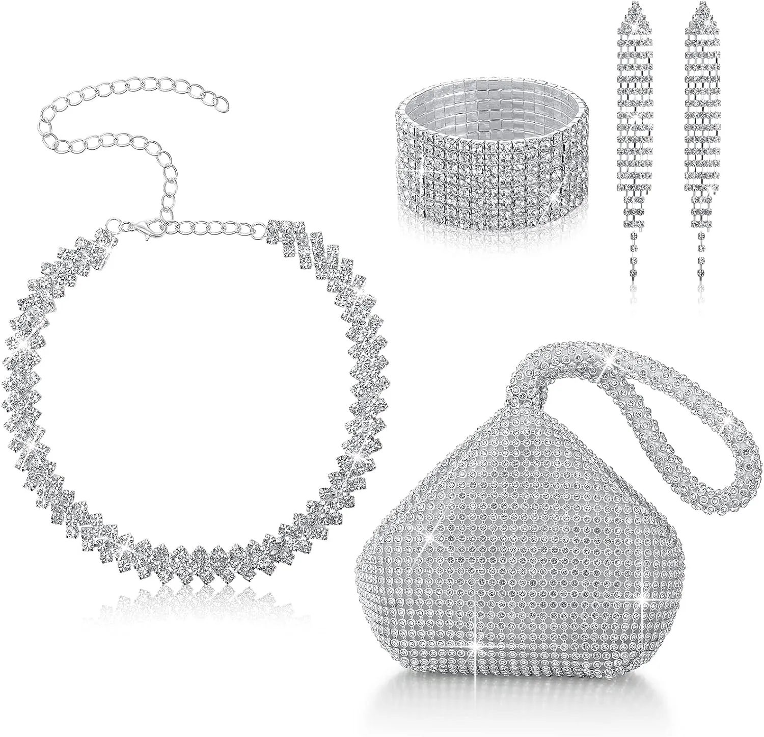 4 Pcs Rhinestone Clutch Purse Jewelry Set Silver Evening Bags with Silver Crystal Choker Necklace, Stretch Bracelets, Tassel Drop Earrings and Shiny Purse for Women Evening Party