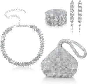 4 Pcs Rhinestone Clutch Purse Jewelry Set Silver Evening Bags with Silver Crystal Choker Necklace, Stretch Bracelets, Tassel Drop Earrings and Shiny Purse for Women Evening Party