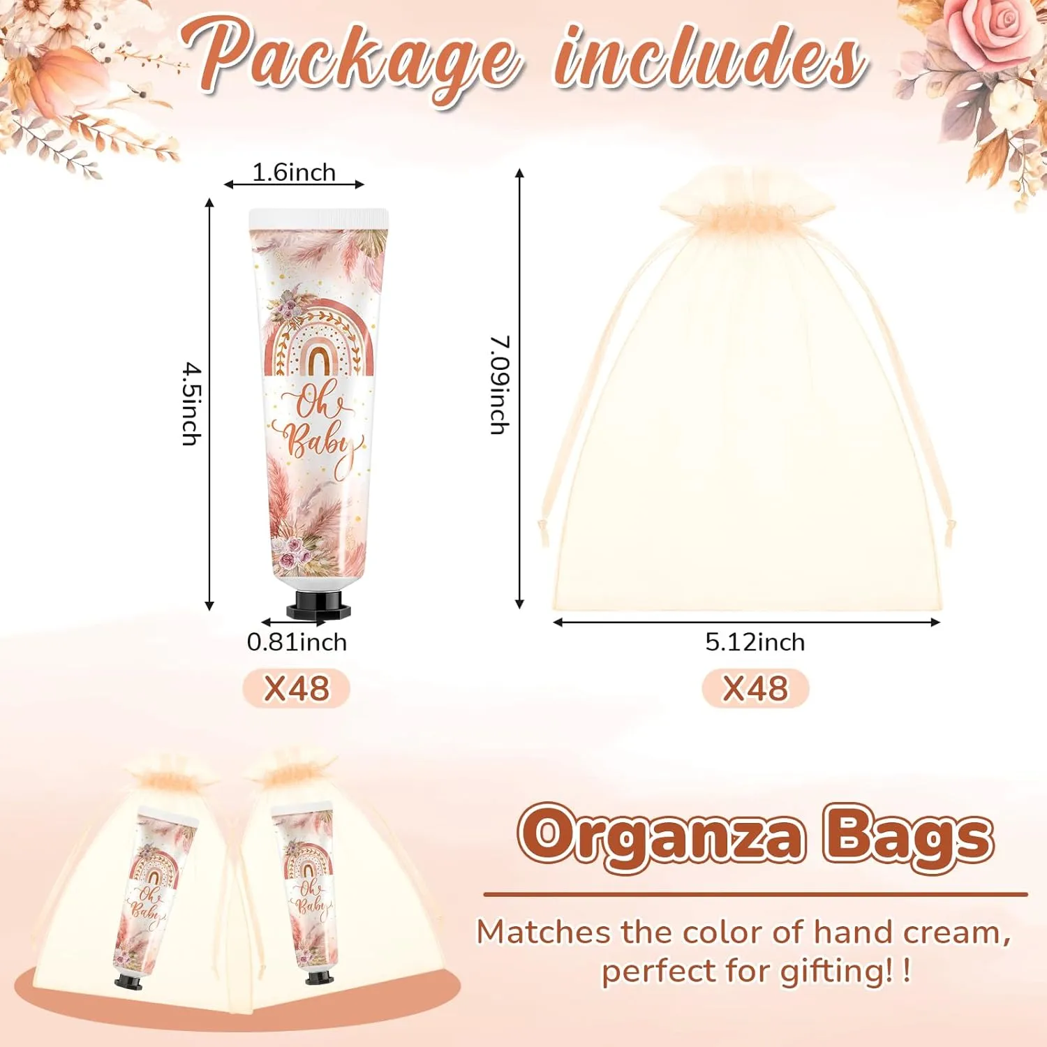 48 Sets Baby Shower Hand Cream Bulk Boho Baby Shower Favors Bridal Thank You Hand Cream for Guests Travel Size Lotion with Organza Bags