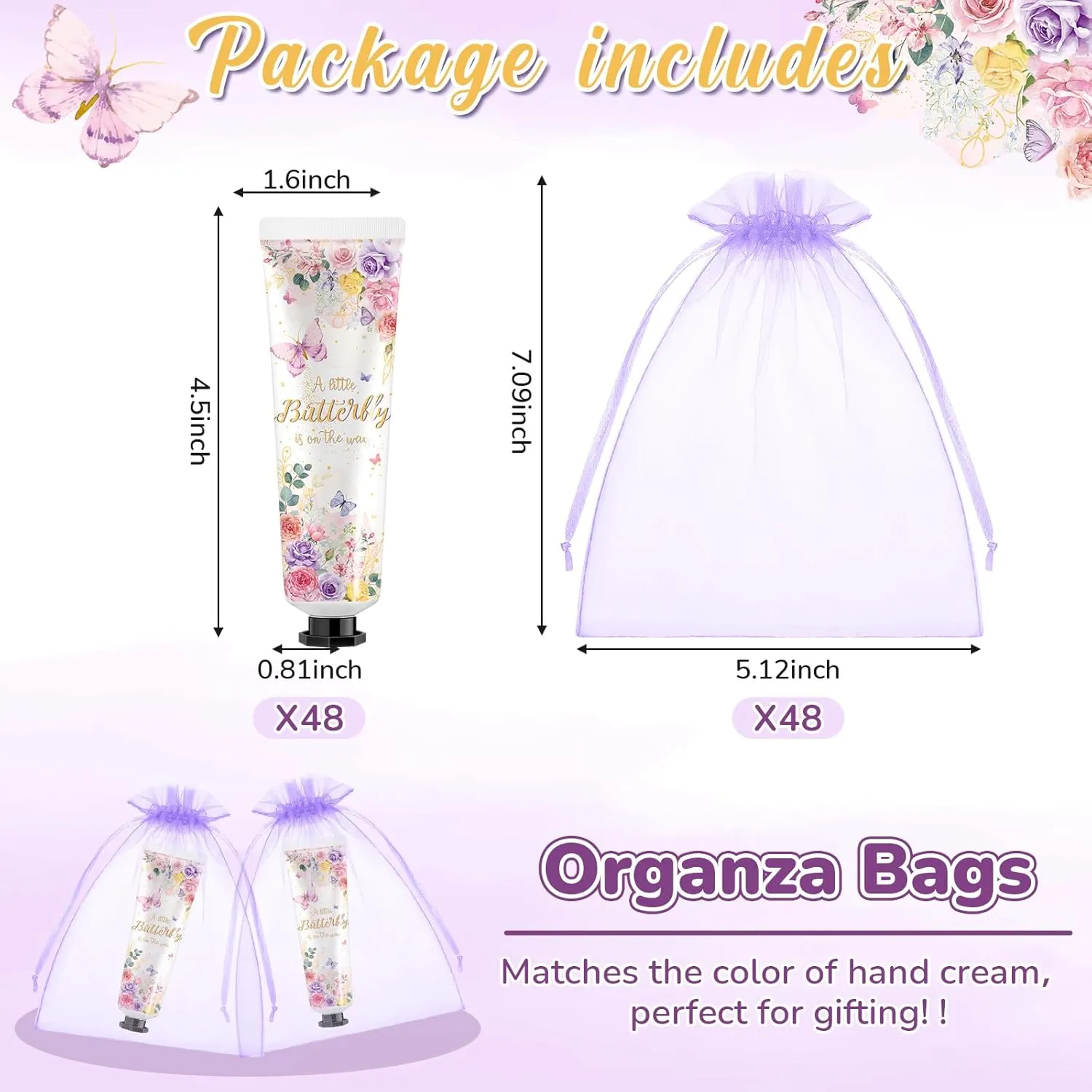 48 Sets Baby Shower Hand Cream Bulk Little Butterfly Baby Shower Favors Bridal Thank You Hand Cream for Guests Travel Size Lotion with Organza Bags