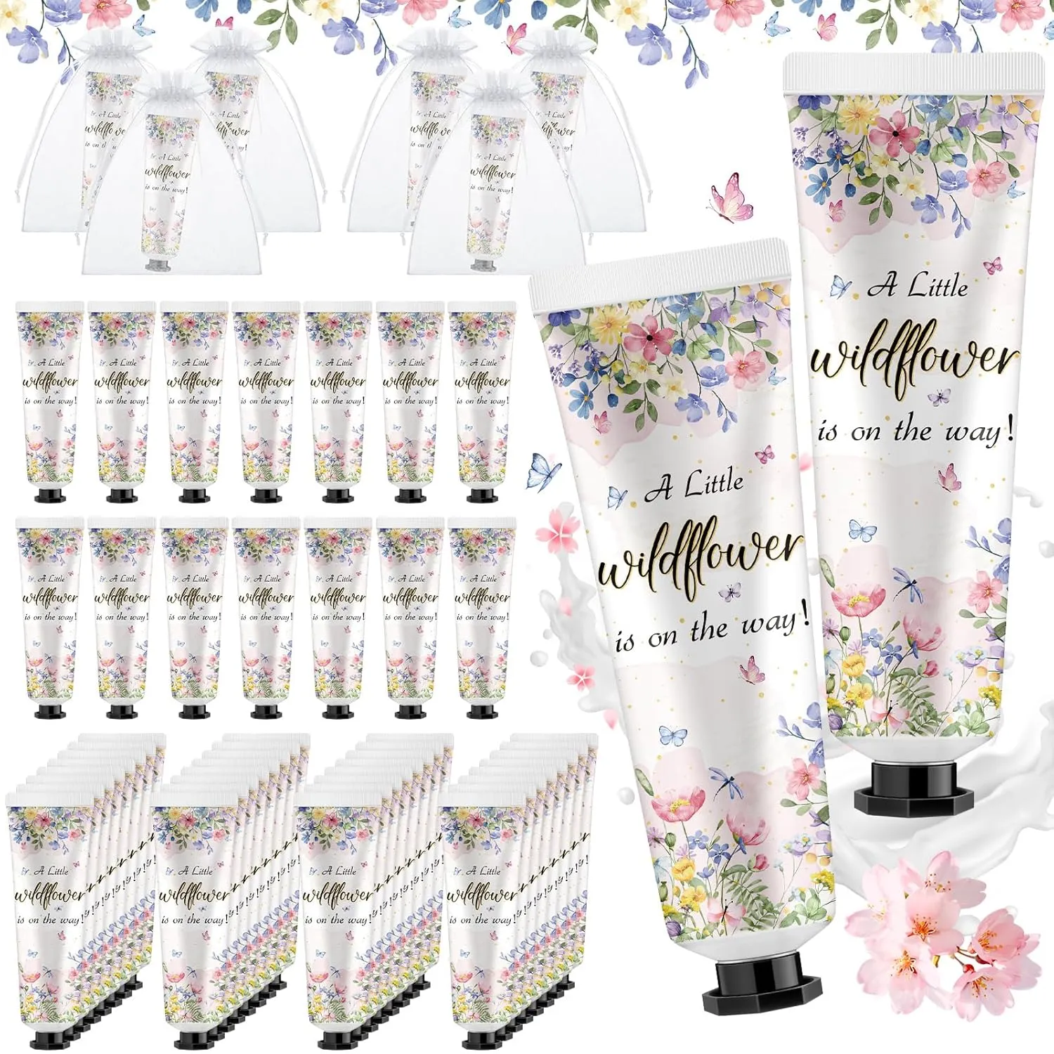 48 Sets Baby Shower Hand Cream Bulk Wildflower Baby Shower Favors Bridal Thank You Hand Cream for Guests Travel Size Lotion with Organza Bags