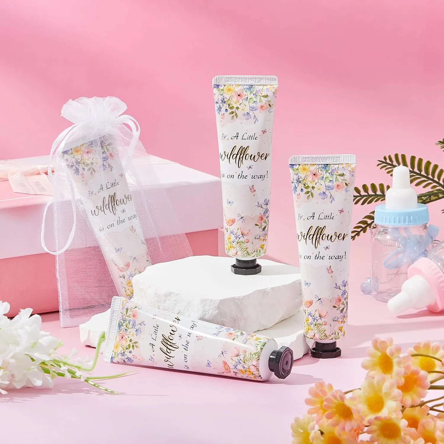 48 Sets Baby Shower Hand Cream Bulk Wildflower Baby Shower Favors Bridal Thank You Hand Cream for Guests Travel Size Lotion with Organza Bags