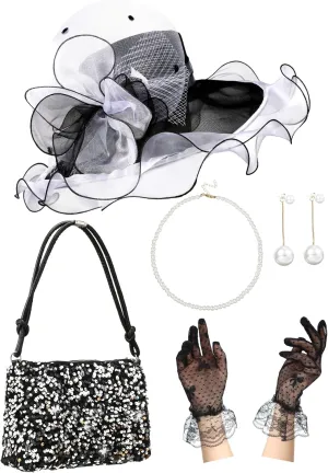 5 Pcs Fascinators Hat for Women Tea Party Hat Sequin Purses Lace Gloves Necklace Earrings for Fascinator Outfits