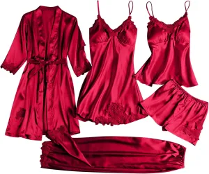 5 Piece Women's Satin Silk Lace Pajama Sets Robe Camisole Sleepwear Nightgown Pjs Bottom Shorts Lounge Set
