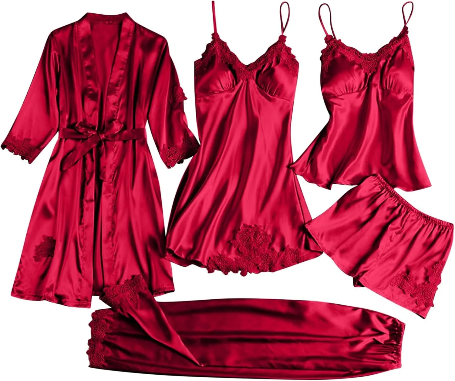 5 Piece Women's Satin Silk Lace Pajama Sets Robe Camisole Sleepwear Nightgown Pjs Bottom Shorts Lounge Set