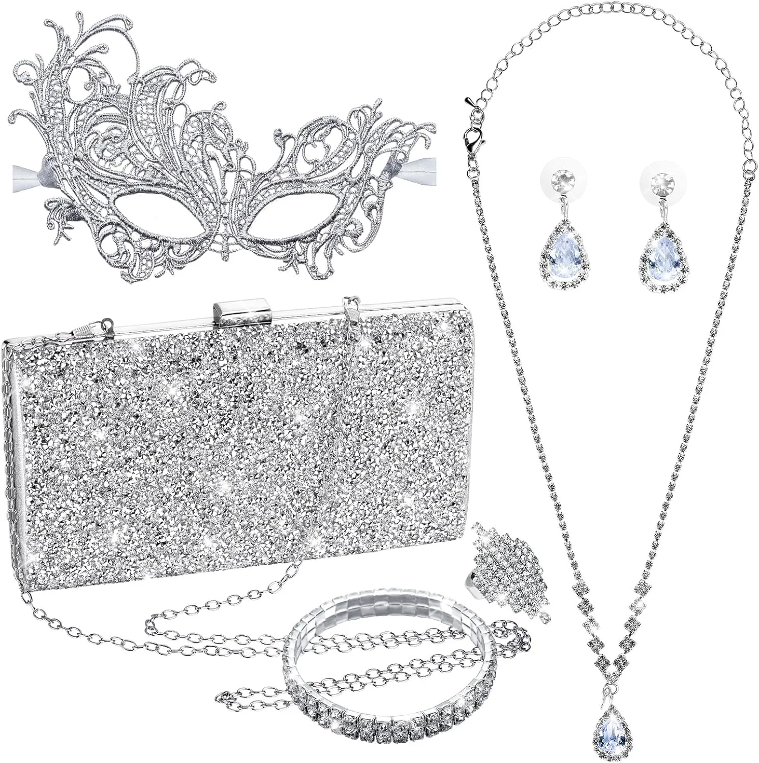 5 Pieces Masquerade Mask for Women Rhinestone Crystal Jewelry Set Glitter Clutch Purses Bag Lace Masks Evening Bling Necklace Earrings Bracelets Ring for Venetian Party Wedding Halloween Carnival