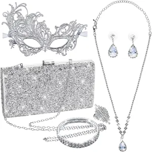 5 Pieces Masquerade Mask for Women Rhinestone Crystal Jewelry Set Glitter Clutch Purses Bag Lace Masks Evening Bling Necklace Earrings Bracelets Ring for Venetian Party Wedding Halloween Carnival