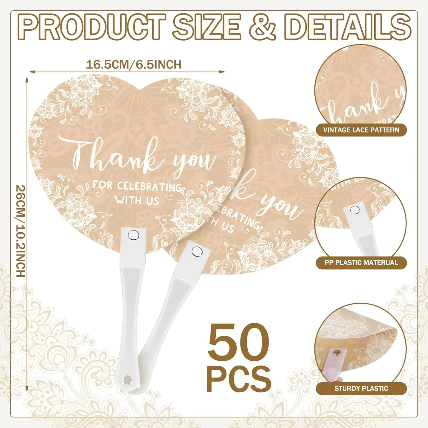 50 Pcs Wedding Hand Plastic Fans Handheld Wedding Favors Fans for Guests Bulk Thank You for Celebrating with Us Greenery Plastic Fan with Handle for Ceremony Bridal Shower(Retro Lace)