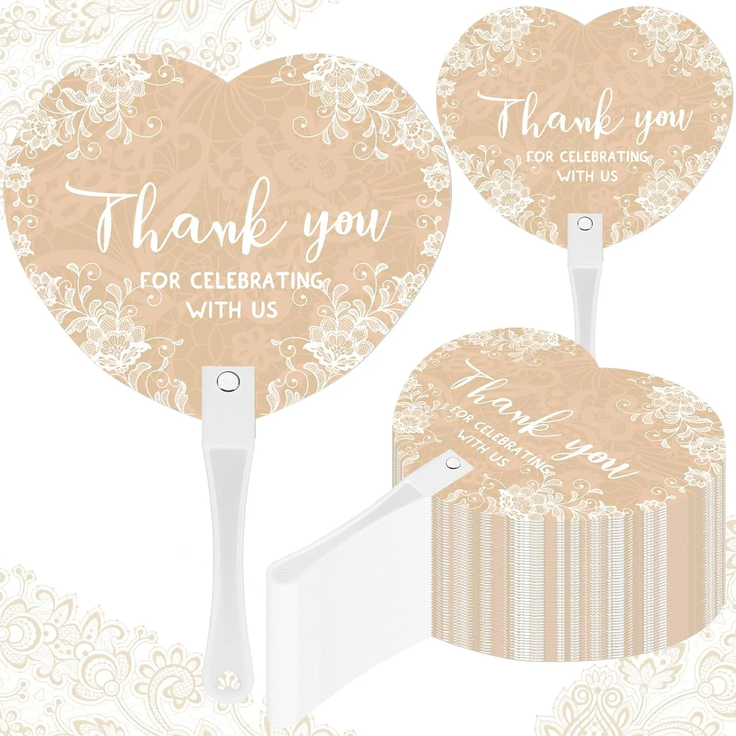 50 Pcs Wedding Hand Plastic Fans Handheld Wedding Favors Fans for Guests Bulk Thank You for Celebrating with Us Greenery Plastic Fan with Handle for Ceremony Bridal Shower(Retro Lace)