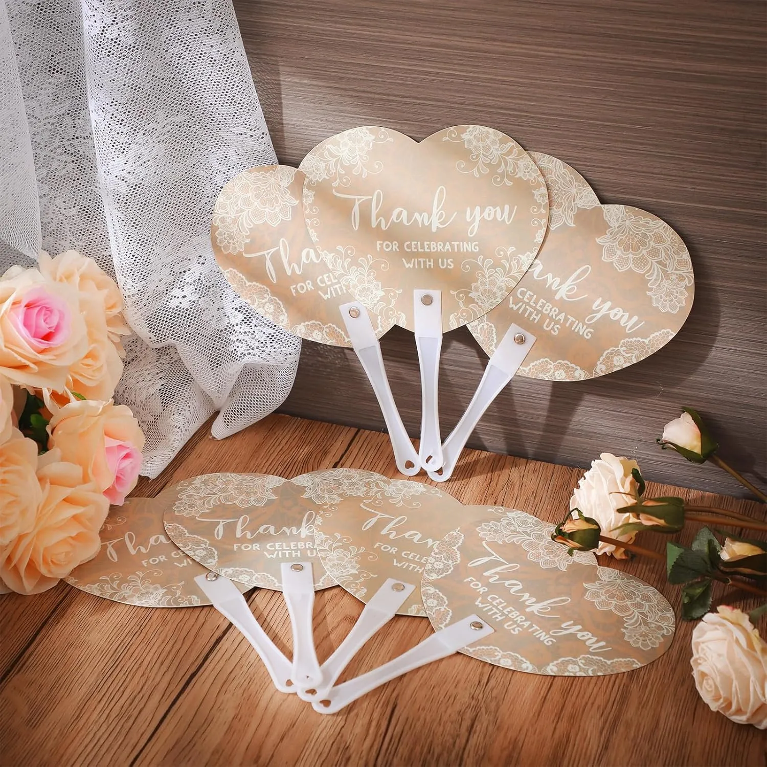 50 Pcs Wedding Hand Plastic Fans Handheld Wedding Favors Fans for Guests Bulk Thank You for Celebrating with Us Greenery Plastic Fan with Handle for Ceremony Bridal Shower(Retro Lace)