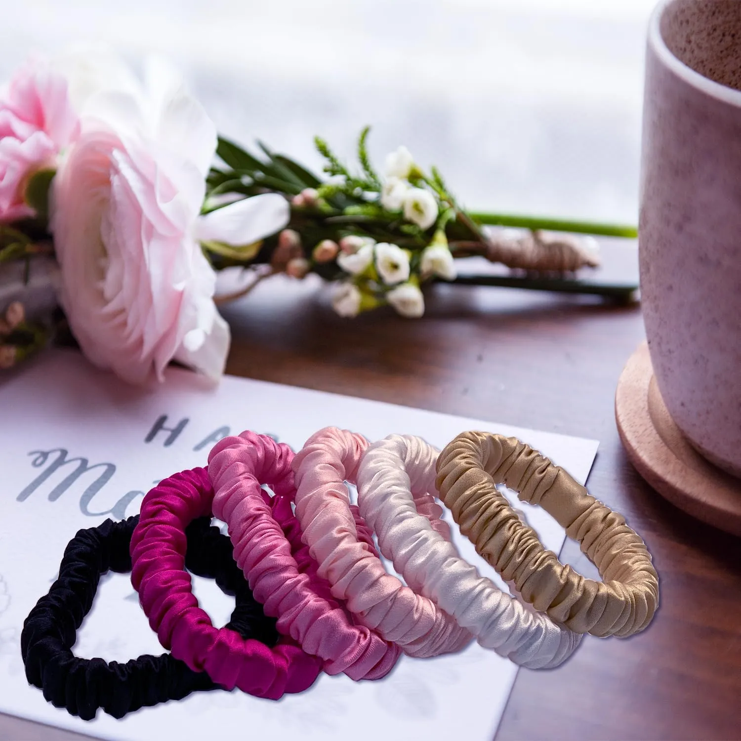 6 Pcs Set 100% Pure Mulberry Silk Hair Scrunchies Silk Hair Ties with 6 Chic Colors Everyday Skinny Scrunchies Silk Ponytail Holders Hair Care No Damage (Hot Pink)