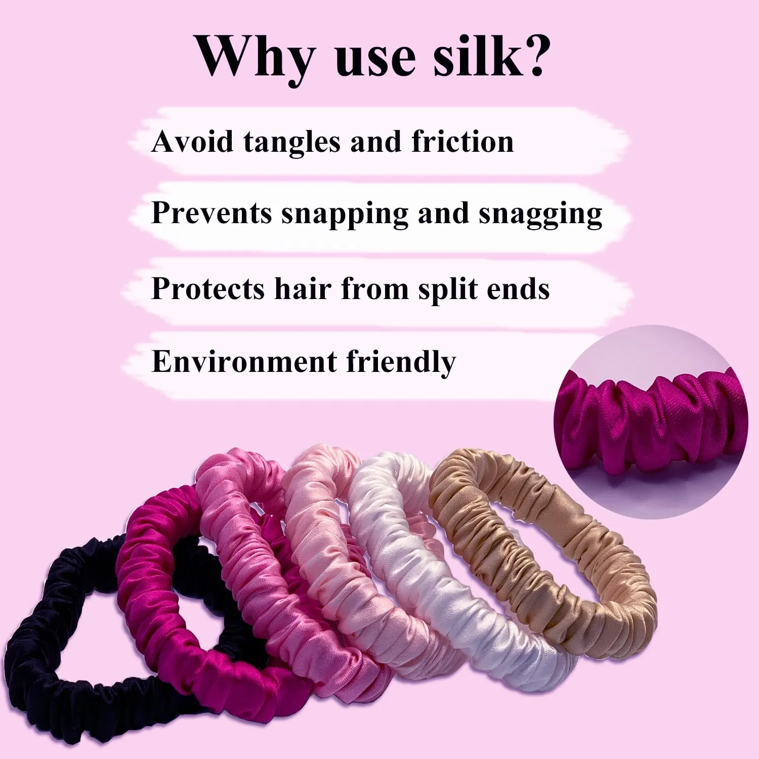 6 Pcs Set 100% Pure Mulberry Silk Hair Scrunchies Silk Hair Ties with 6 Chic Colors Everyday Skinny Scrunchies Silk Ponytail Holders Hair Care No Damage (Hot Pink)