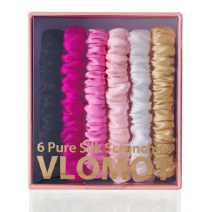 6 Pcs Set 100% Pure Mulberry Silk Hair Scrunchies Silk Hair Ties with 6 Chic Colors Everyday Skinny Scrunchies Silk Ponytail Holders Hair Care No Damage (Hot Pink)