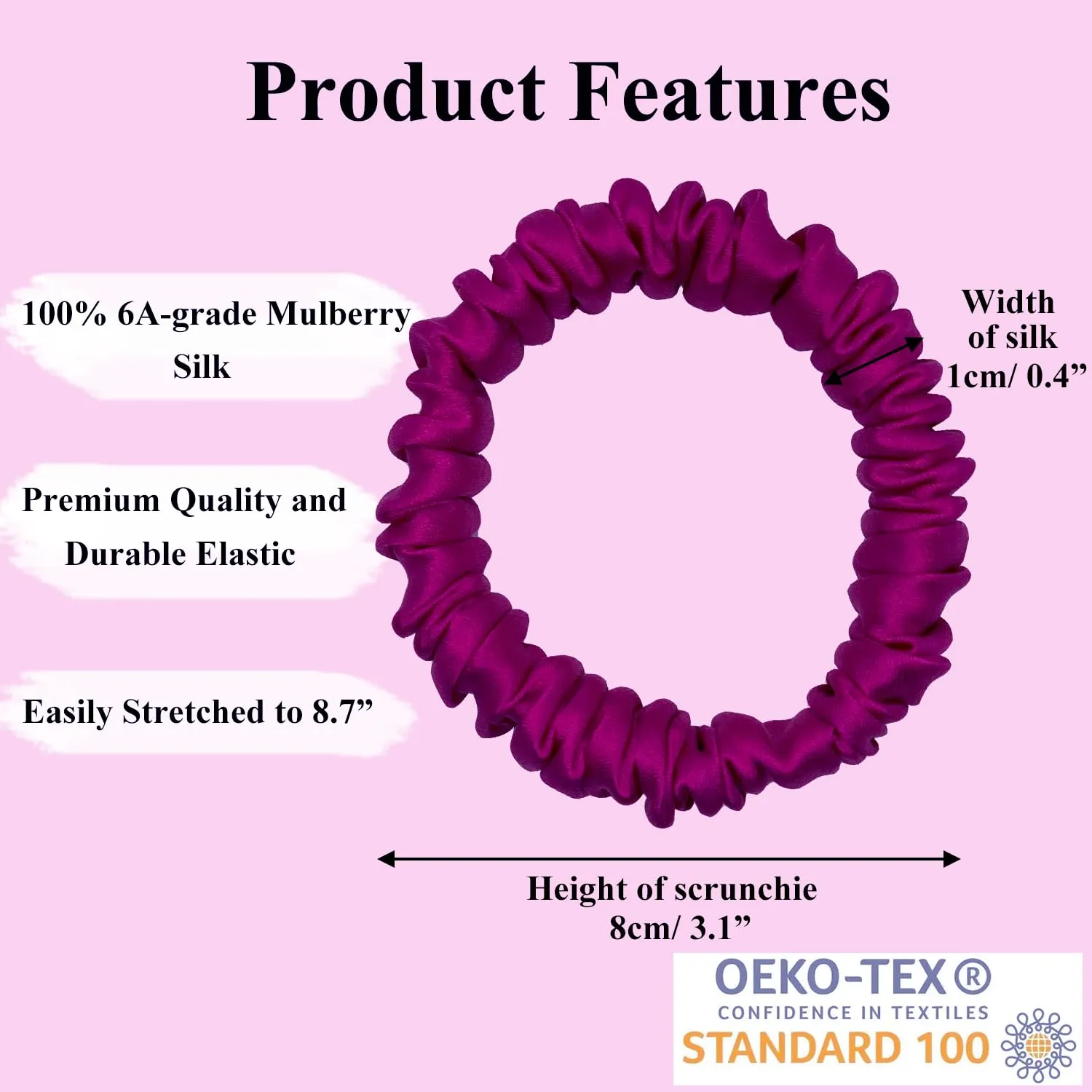 6 Pcs Set 100% Pure Mulberry Silk Hair Scrunchies Silk Hair Ties with 6 Chic Colors Everyday Skinny Scrunchies Silk Ponytail Holders Hair Care No Damage (Hot Pink)