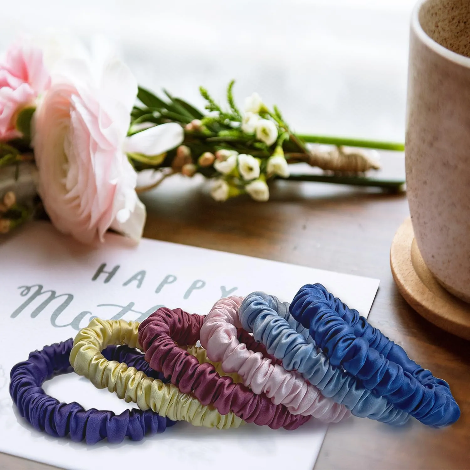 6 Pcs Set 100% Pure Mulberry Silk Hair Scrunchies Silk Hair Ties with 6 Chic Colors Everyday Skinny Scrunchies Silk Ponytail Holders Hair Care No Damage (Pastel)