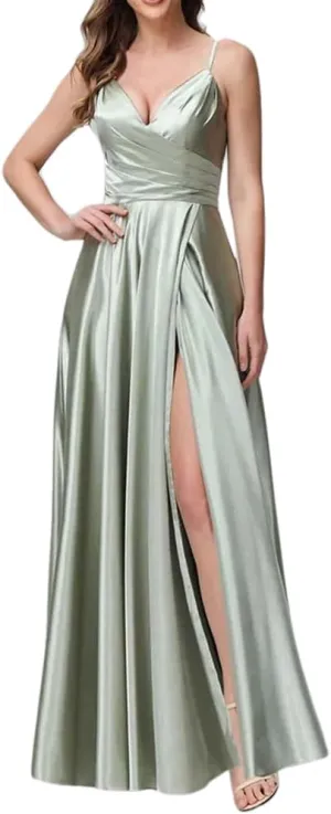 a-line Floor Length Satin Bridesmaid Dresses for Women Spaghetti Straps Dress Wedding Guest with Slit