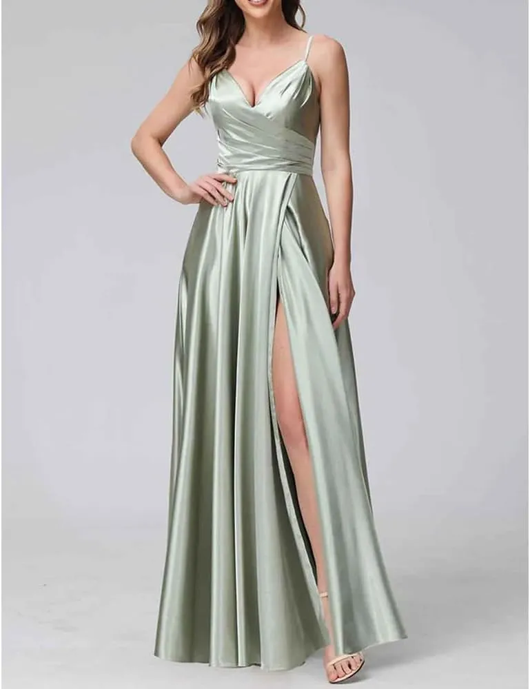 a-line Floor Length Satin Bridesmaid Dresses for Women Spaghetti Straps Dress Wedding Guest with Slit