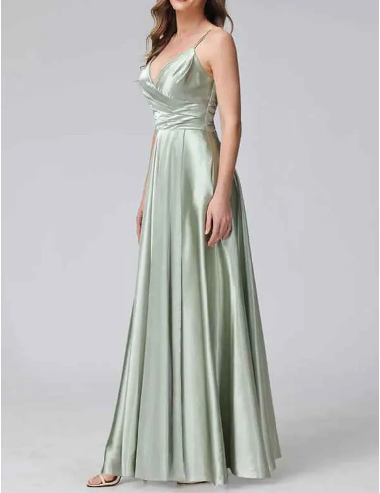 a-line Floor Length Satin Bridesmaid Dresses for Women Spaghetti Straps Dress Wedding Guest with Slit