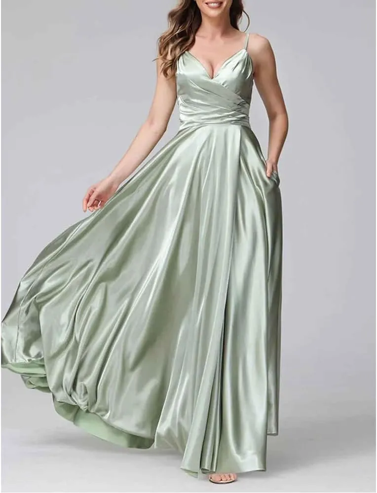 a-line Floor Length Satin Bridesmaid Dresses for Women Spaghetti Straps Dress Wedding Guest with Slit