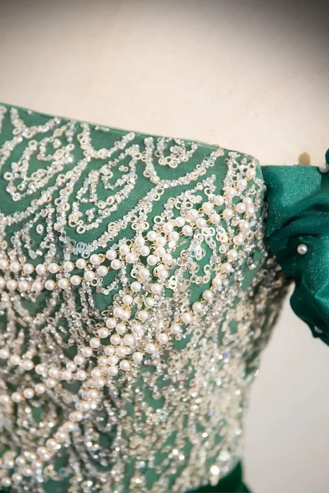 A Line Prom Dress Velvet Sequin Beaded Green Long Formal Evening Dress