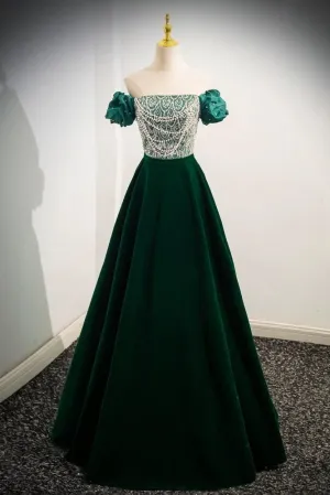 A Line Prom Dress Velvet Sequin Beaded Green Long Formal Evening Dress