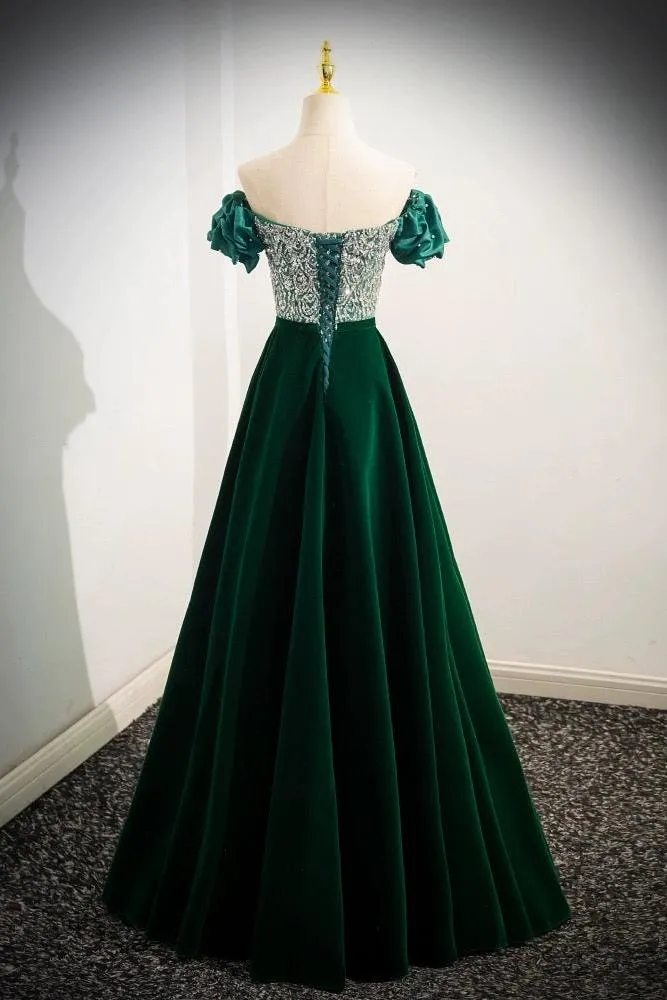 A Line Prom Dress Velvet Sequin Beaded Green Long Formal Evening Dress