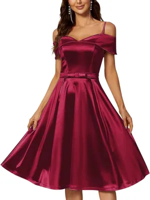 A Line Satin Wedding Party Dress for Women, Off Shoulder Tea-Length Formal Evening Gown with Pocket