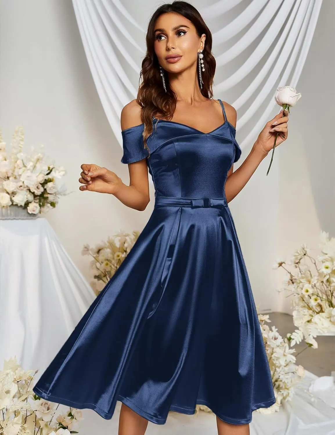 A Line Satin Wedding Party Dress for Women, Off Shoulder Tea-Length Formal Evening Gown with Pocket