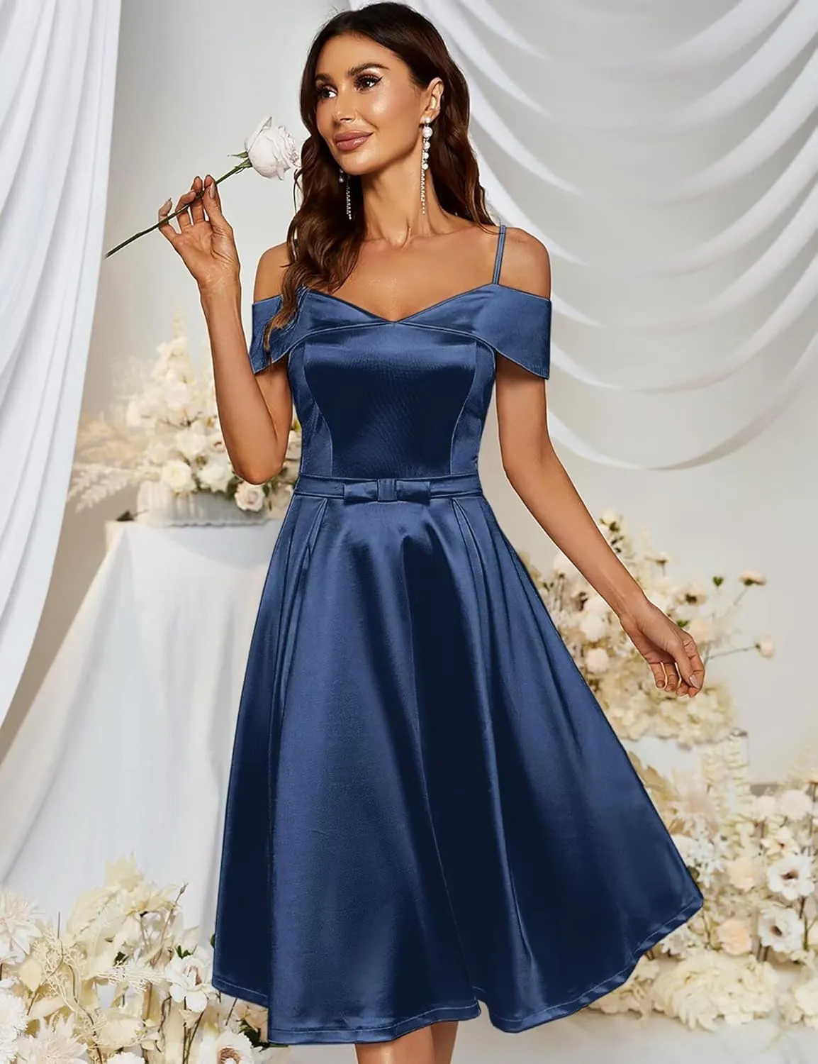 A Line Satin Wedding Party Dress for Women, Off Shoulder Tea-Length Formal Evening Gown with Pocket