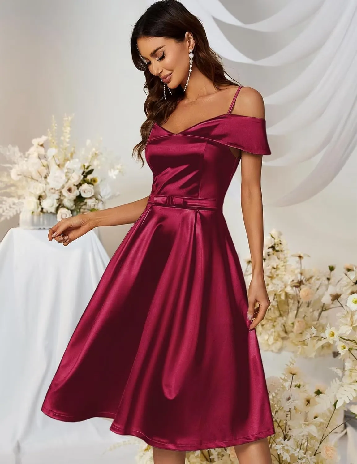 A Line Satin Wedding Party Dress for Women, Off Shoulder Tea-Length Formal Evening Gown with Pocket