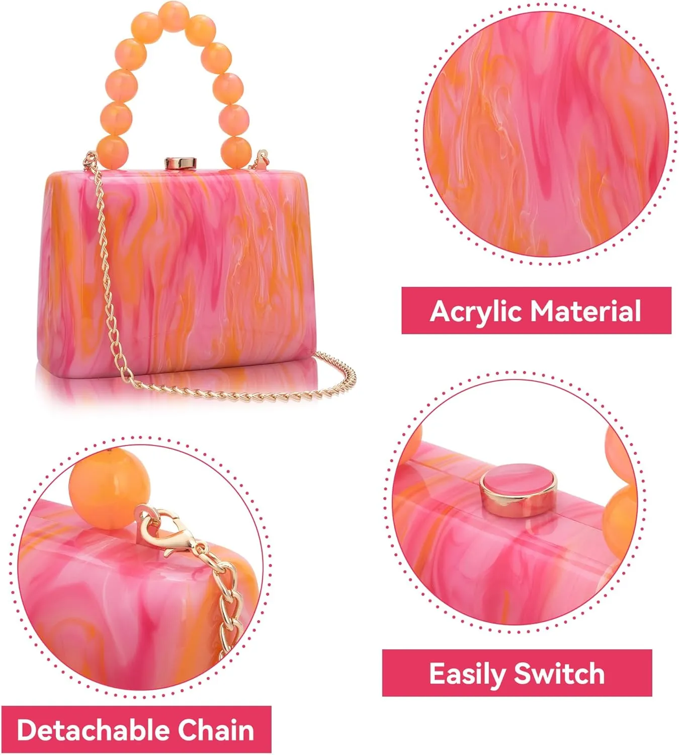 Acrylic Purses Evening Clutch Bag Marbling Handbags for Women Cross Body Bag with Pearl Chain Formal Wedding Prom Party