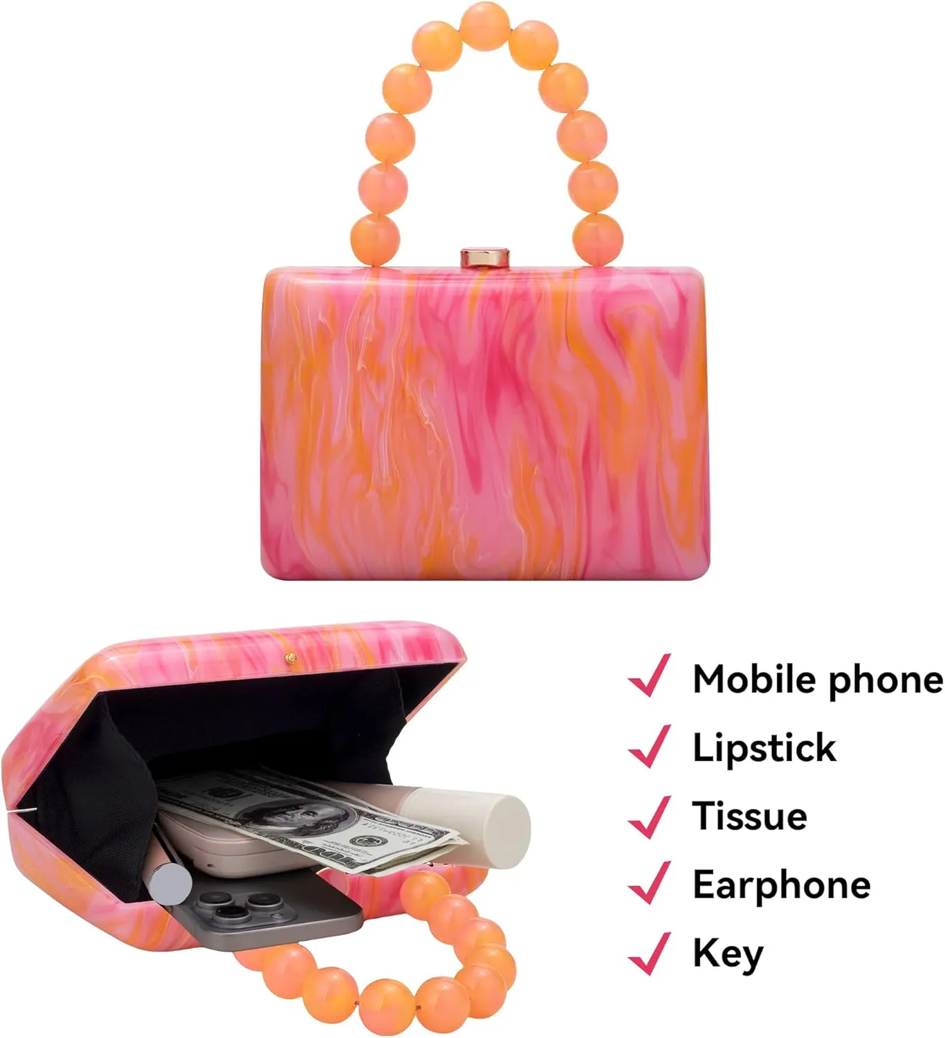 Acrylic Purses Evening Clutch Bag Marbling Handbags for Women Cross Body Bag with Pearl Chain Formal Wedding Prom Party