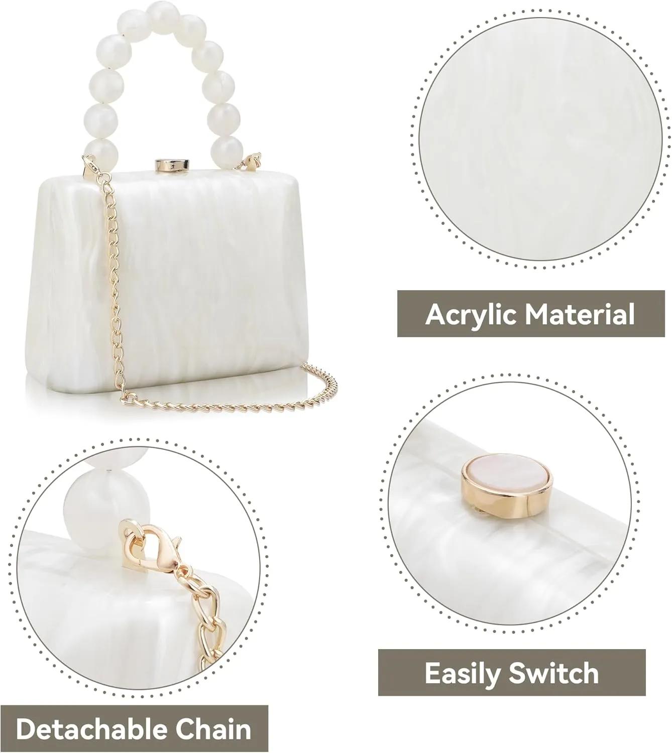 Acrylic Purses Evening Clutch Bag Marbling Handbags for Women Cross Body Bag with Pearl Chain Formal Wedding Prom Party